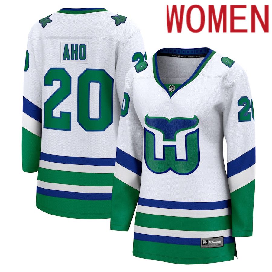 Women Carolina Hurricanes 20 Sebastian Aho Fanatics Branded White Whalers Premier Breakaway NHL Jersey